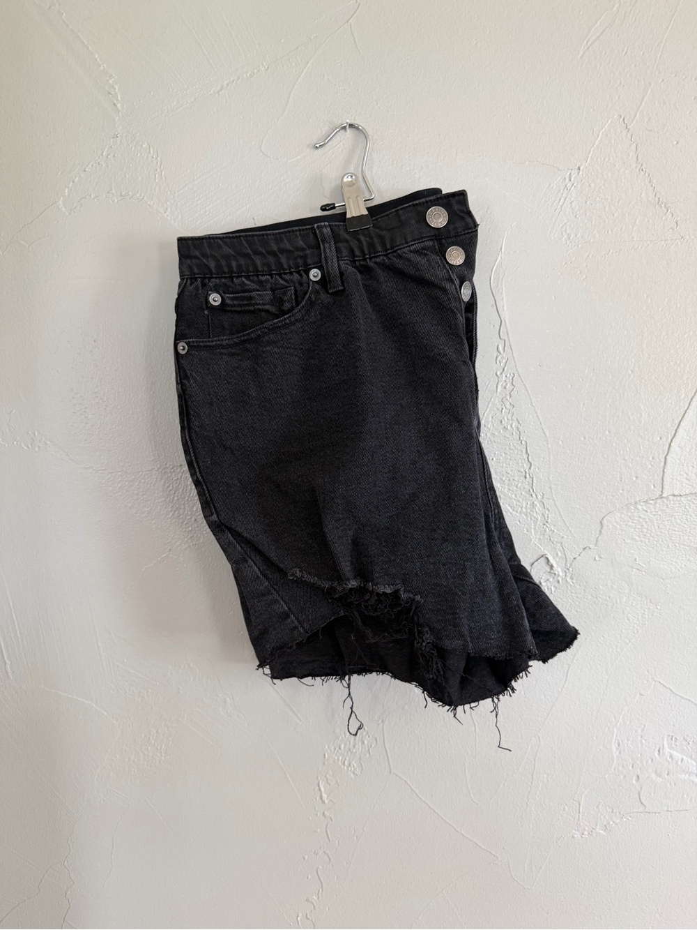 Black Distressed Denim Shorts with Button down fly
